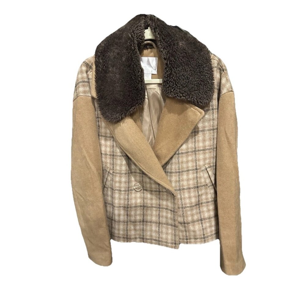 RACHEL PARCELL ANTHROPOLOGIE WOMEN'S PLAID FAUX FUR COLLAR COAT SZ LARGE